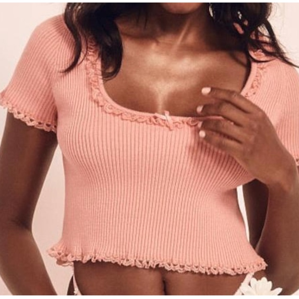 For Love & Lemons Women's Knit Pink Calla Short Sleeve Crop Top Size Small